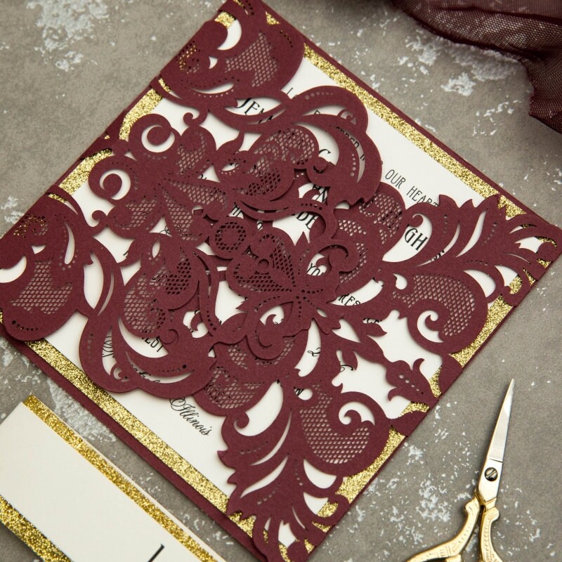 Burgundy & Gold Glitter Laser Cut Wedding Invitation Suite