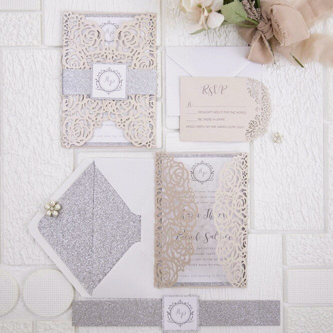 Blush & Silver Laser Cut Wedding Invitation, Glitter Belly Band