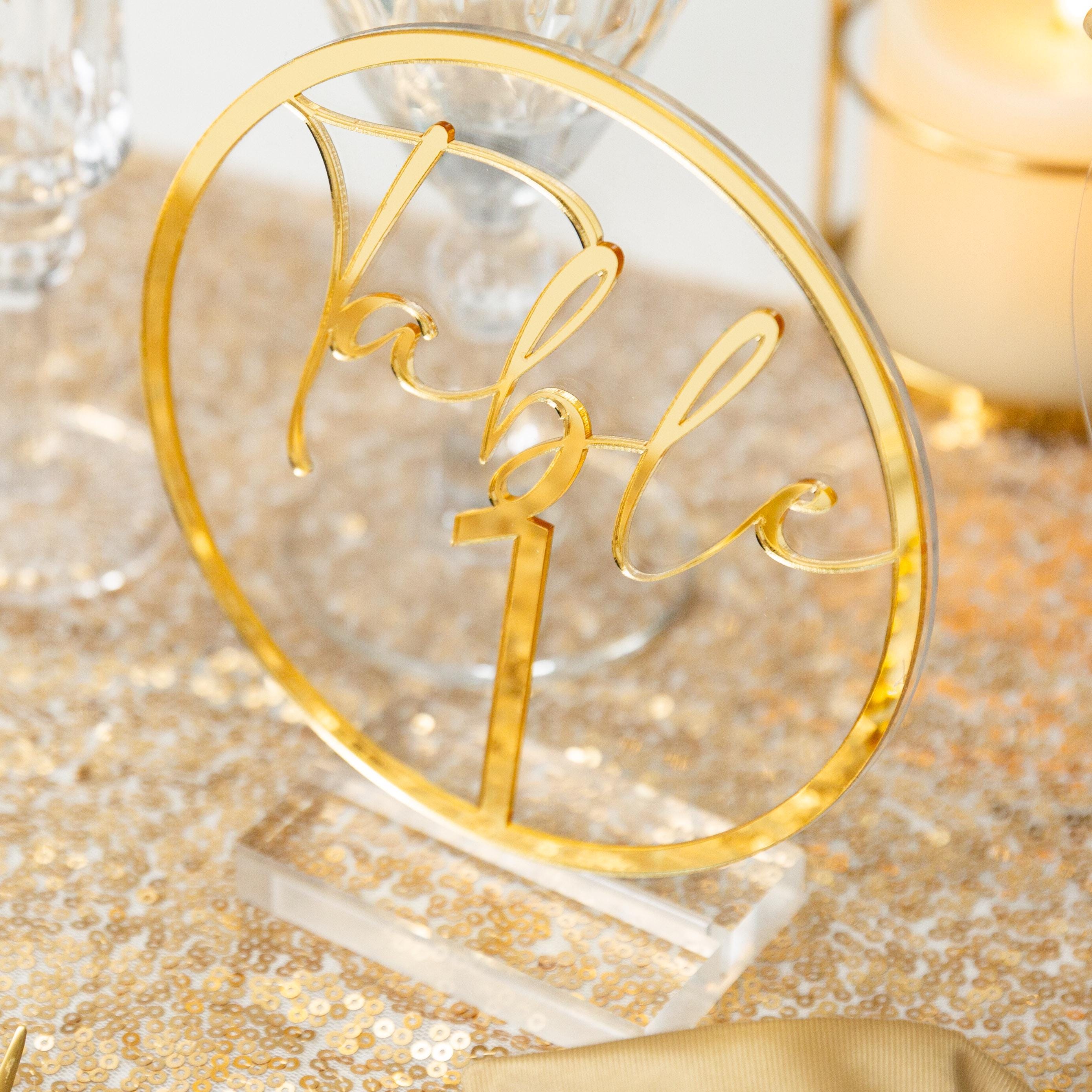 Gold Mirror Acrylic Wedding Table Number, Clear Circle Sign