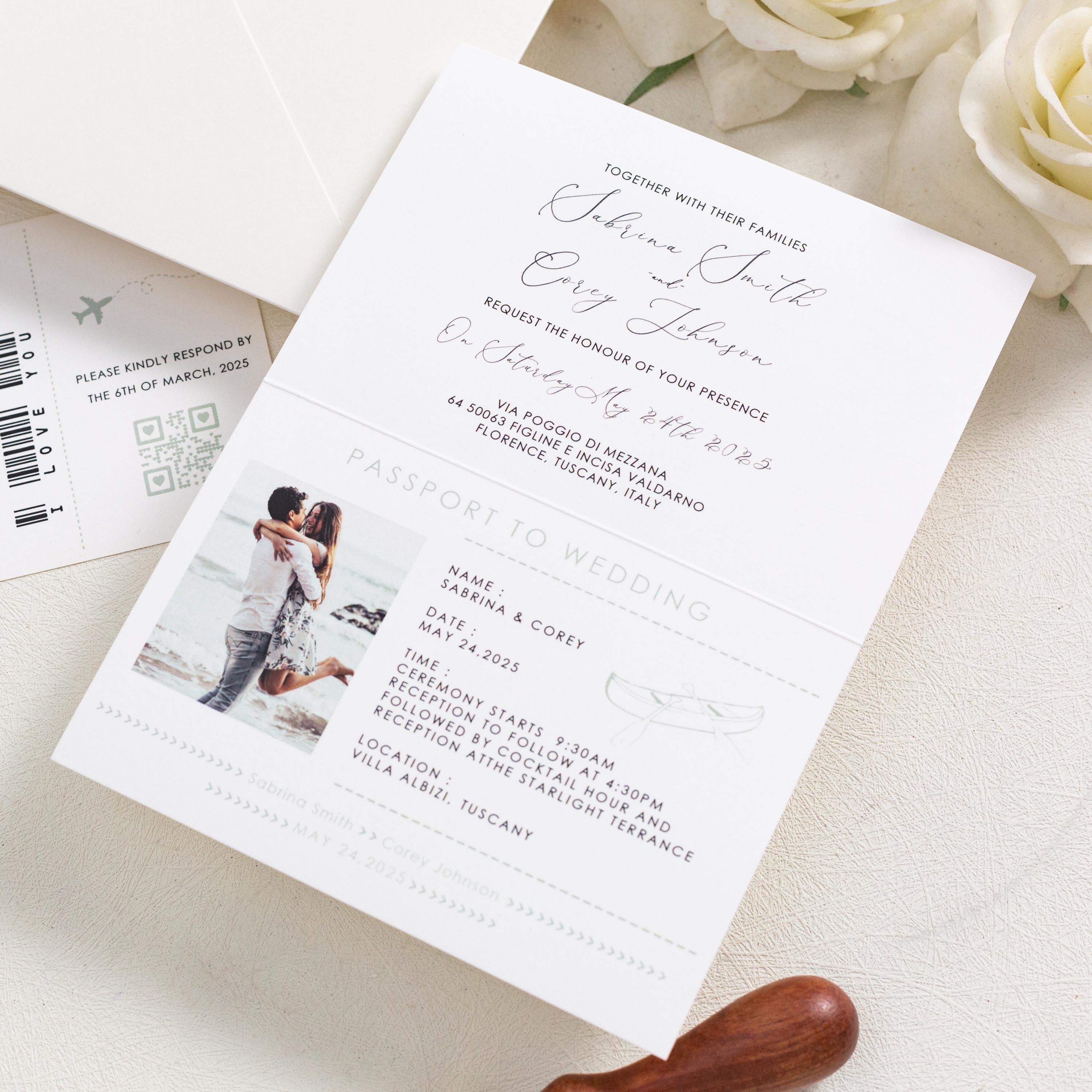 Destination Wedding Passport Invitation with Gold Airplane Charm
