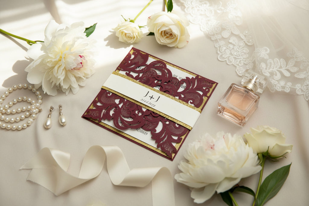Burgundy & Gold Glitter Laser Cut Wedding Invitation Suite