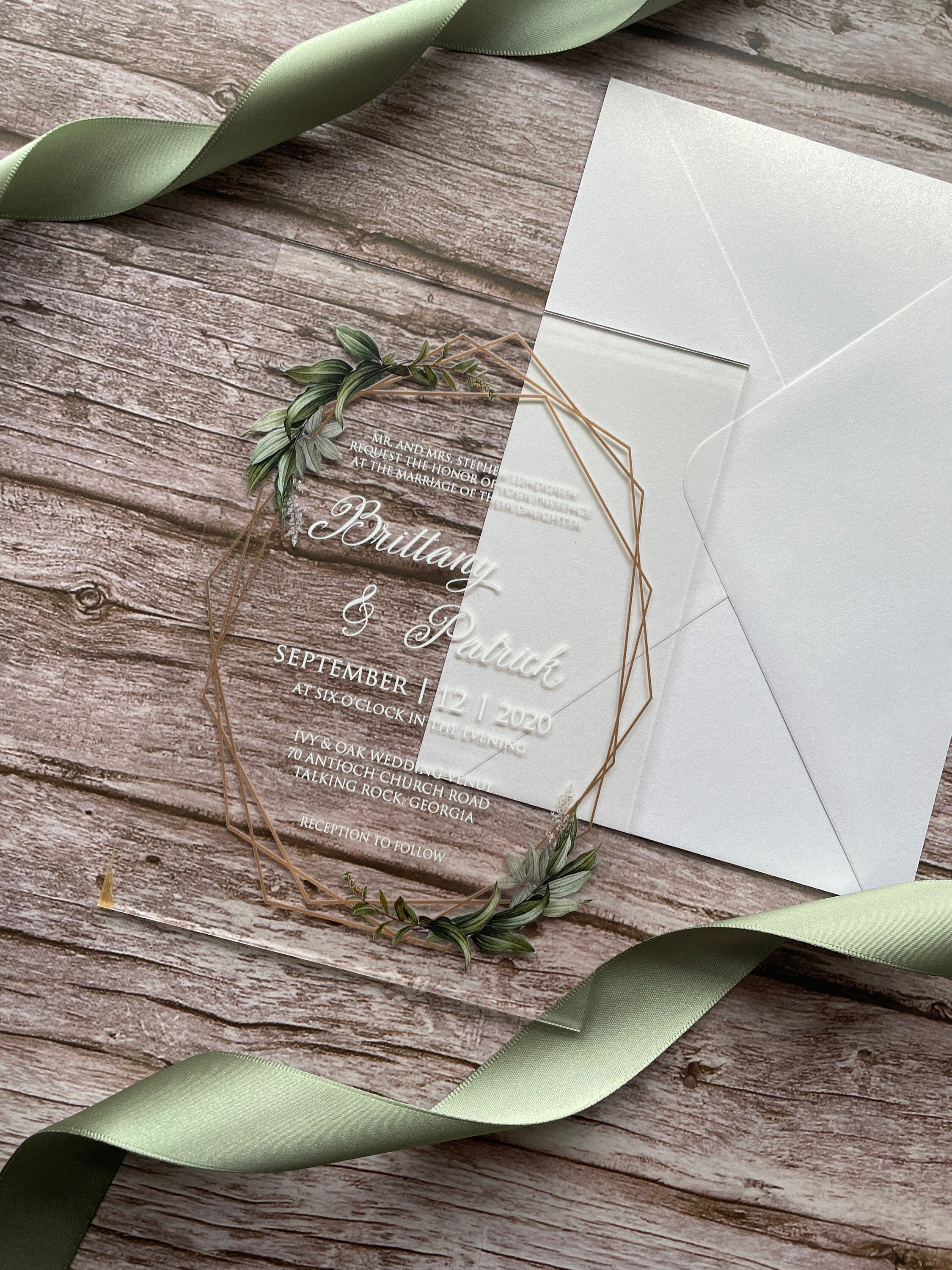 Geometric Eucalyptus Acrylic Wedding Invitation
