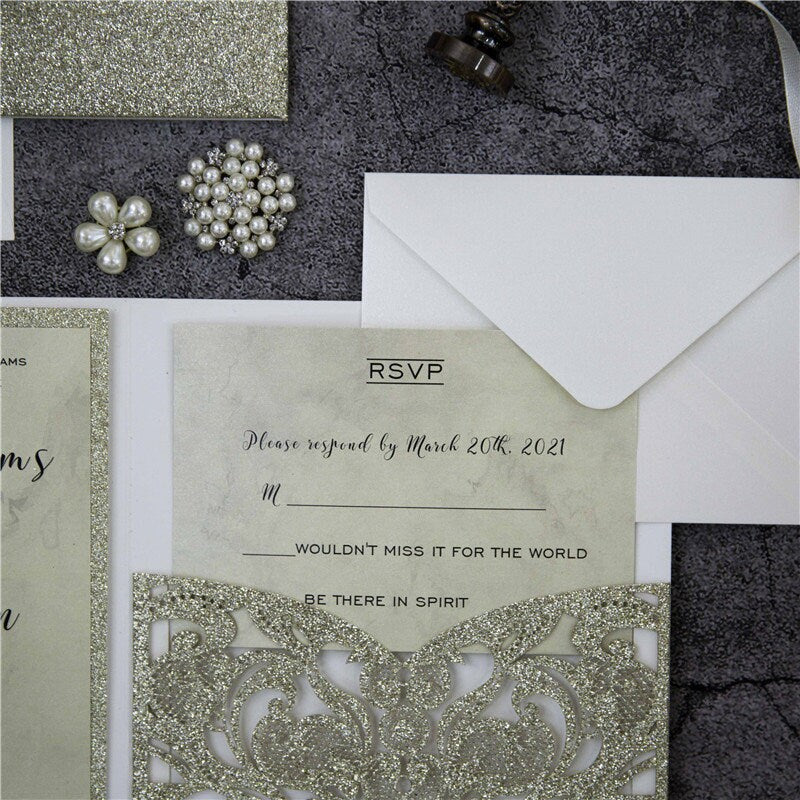 Champagne Gold Glitter Pocket fold Lasercut Wedding Invitation