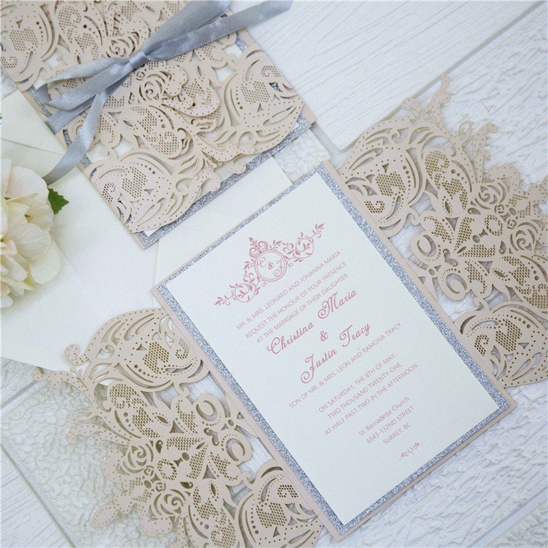 Laser Cut Blush Wedding Invitation with Silver Glitter