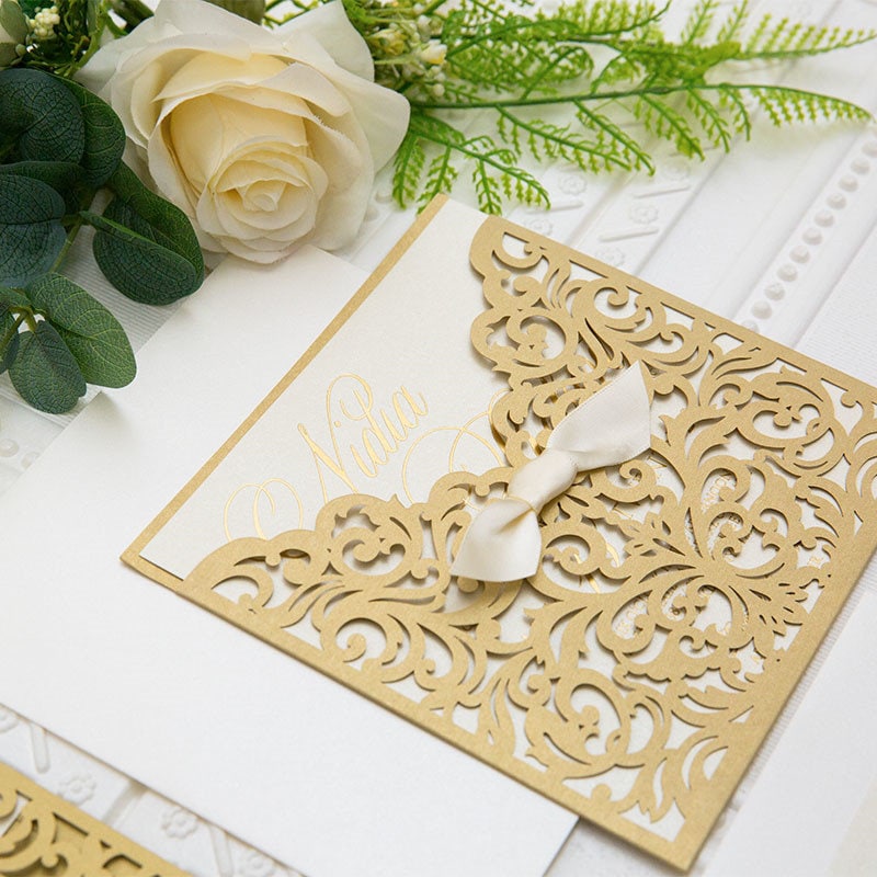 Gold Pocket Wedding Invitation with Gold Foiling Detailing and Ivory Ribbon Finish