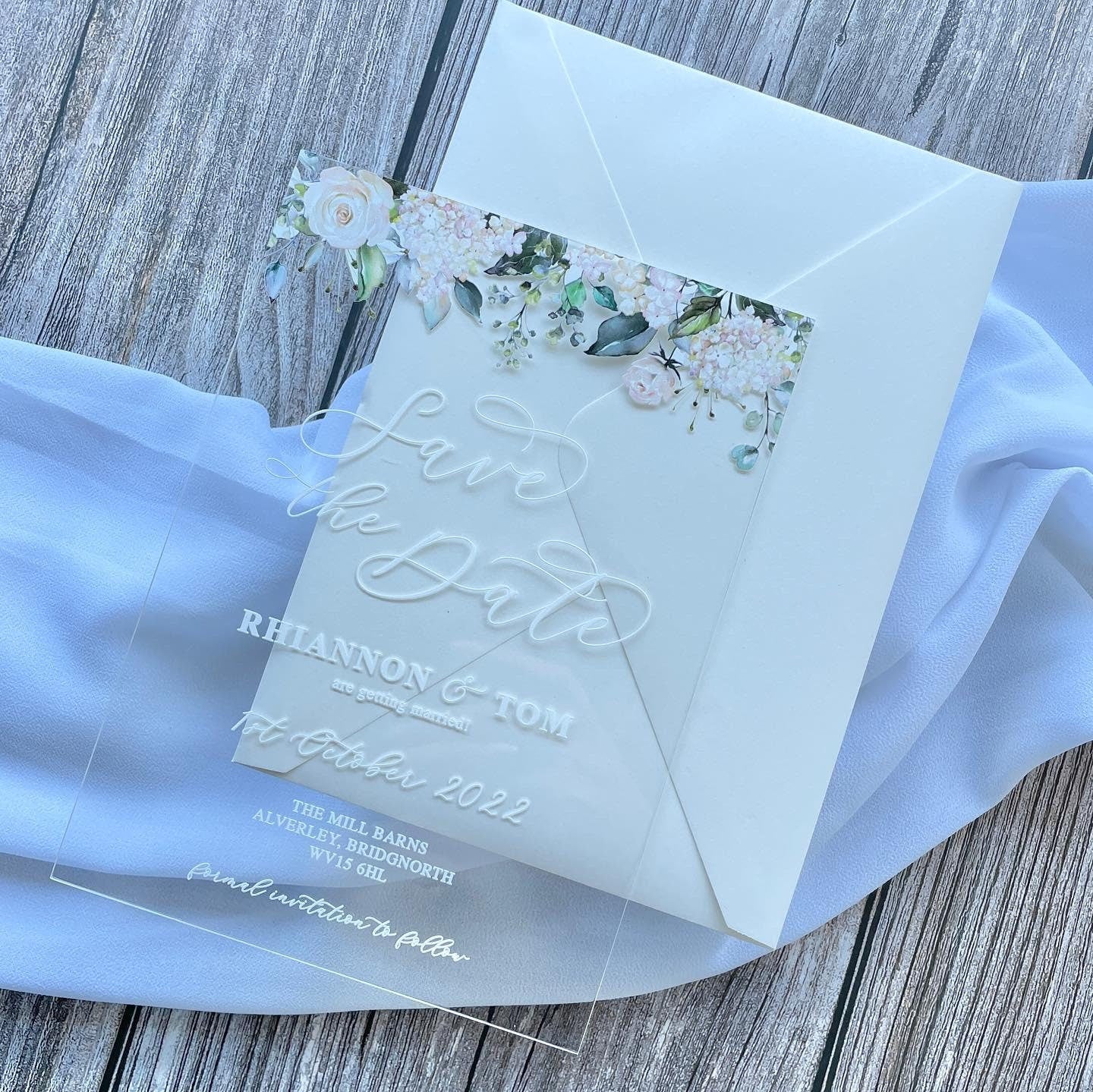 Floral Acrylic Save The Date | White Ink, Shimmer Envelope