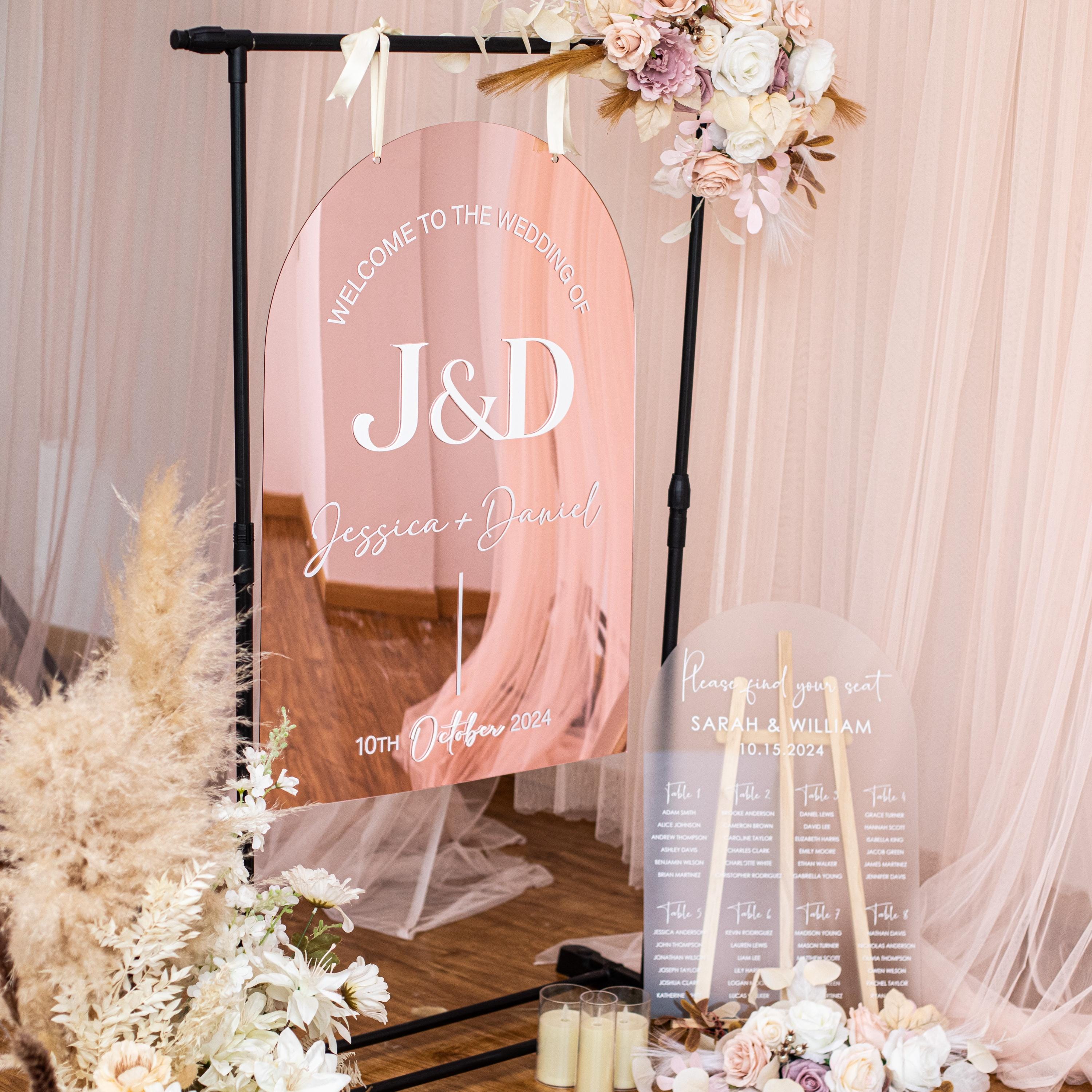Full Arch Rose Gold Mirror Wedding Welcome Sign with white 3D Acrylic Lettering