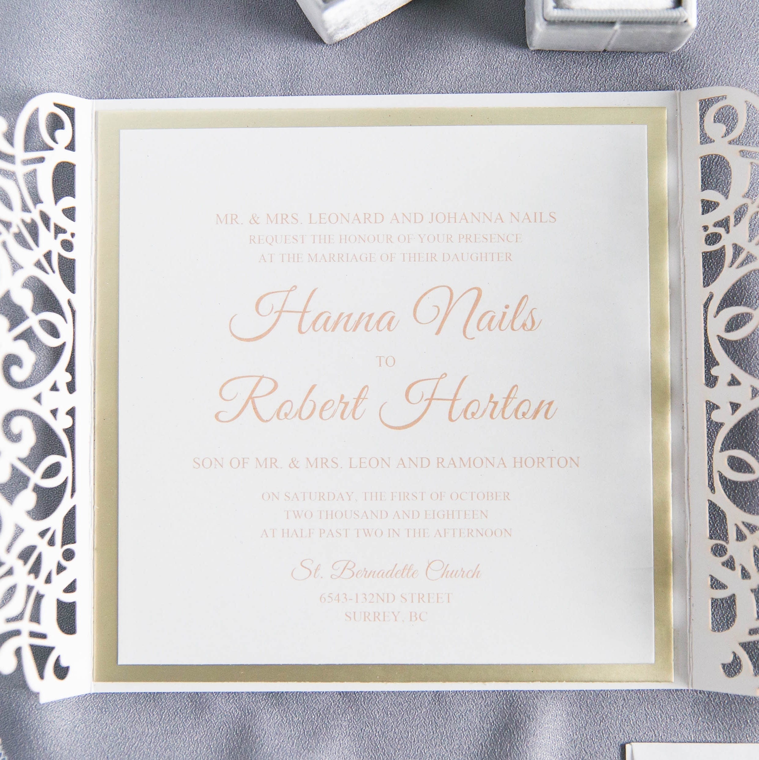 Silver Glitter Gatefold Lasercut Wedding Invitation with Diamanté Detail Embellishment & Ivory Ribbon