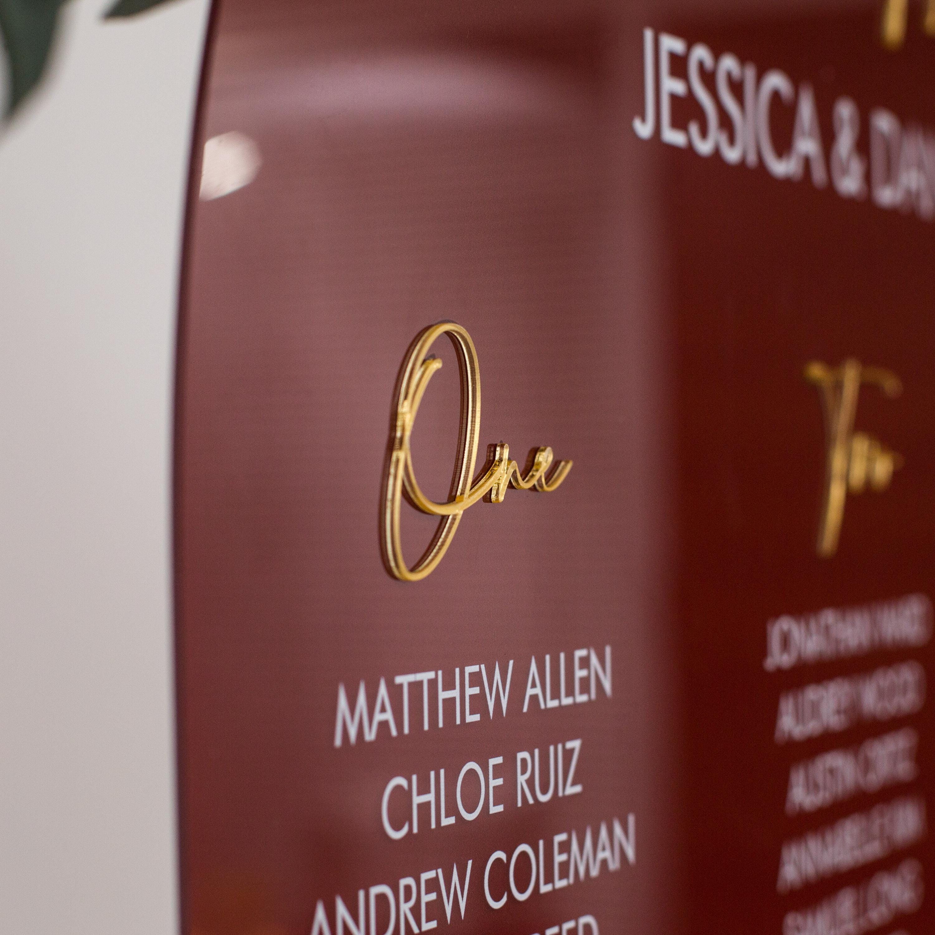 Burgundy Red Ombre Acrylic Wedding Table Plan with Gold Acrylic Mirror Lettering
