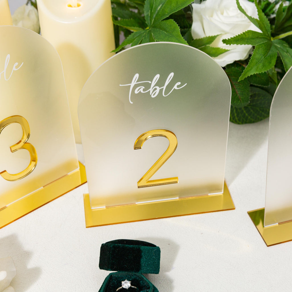 Arch Wedding Table Numbers and Names in Gold Mirror Acrylic and White 3D Letters