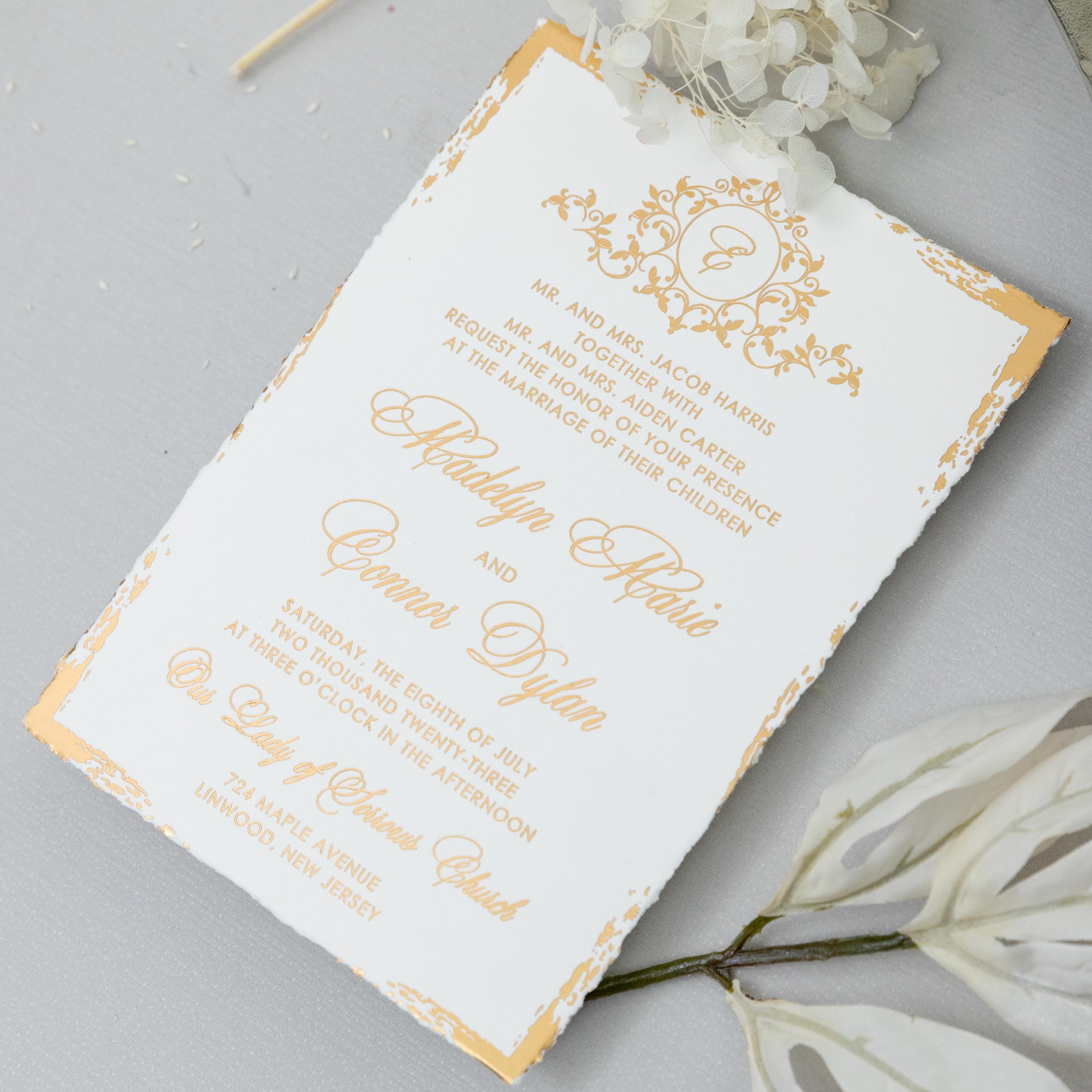 Deckle Edge Gold Foiled Wedding Invitation with RSVP matching Envelope | Modern Wedding Invite