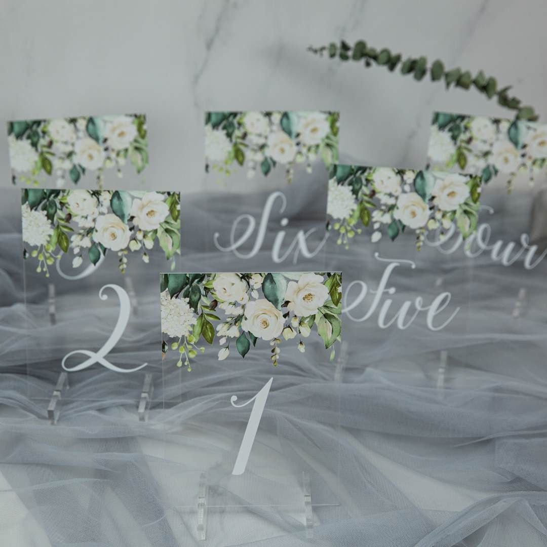 White & Foliage Floral Acrylic Table Numbers