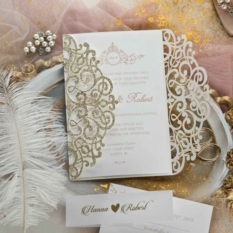 Champagne Gold Glitter Lasercut Gatefold Wedding Invitation with Vellum Belly Band & Gold Foiling