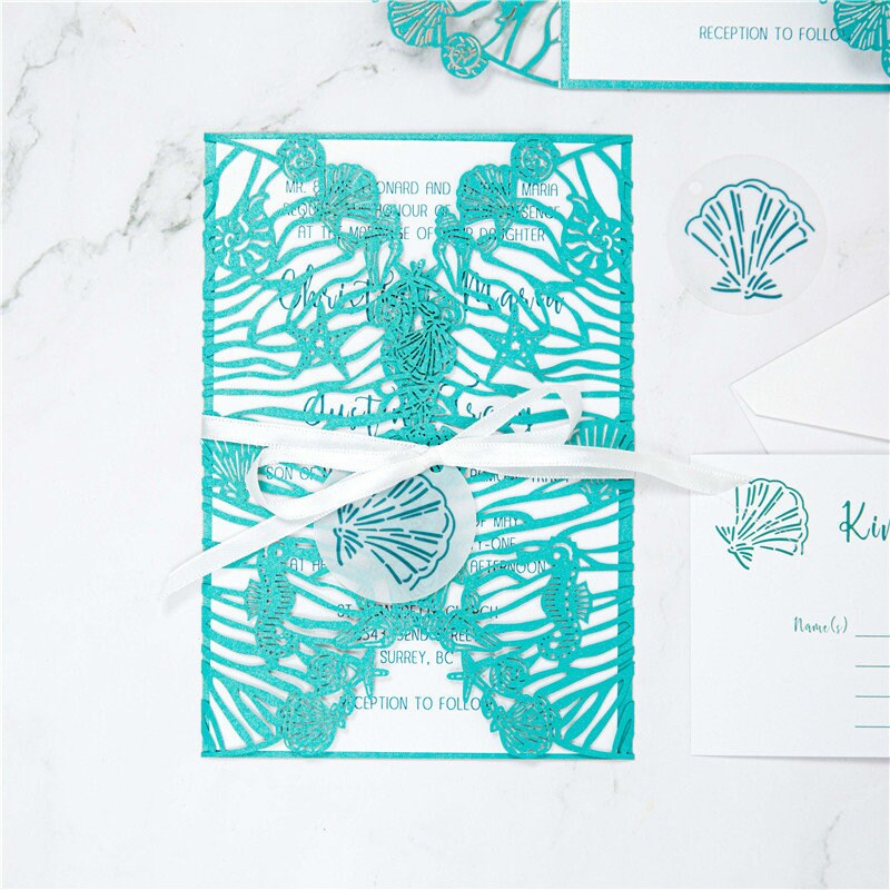 Beach Shell Laser Cut Wedding Invitation, Teal Shimmer