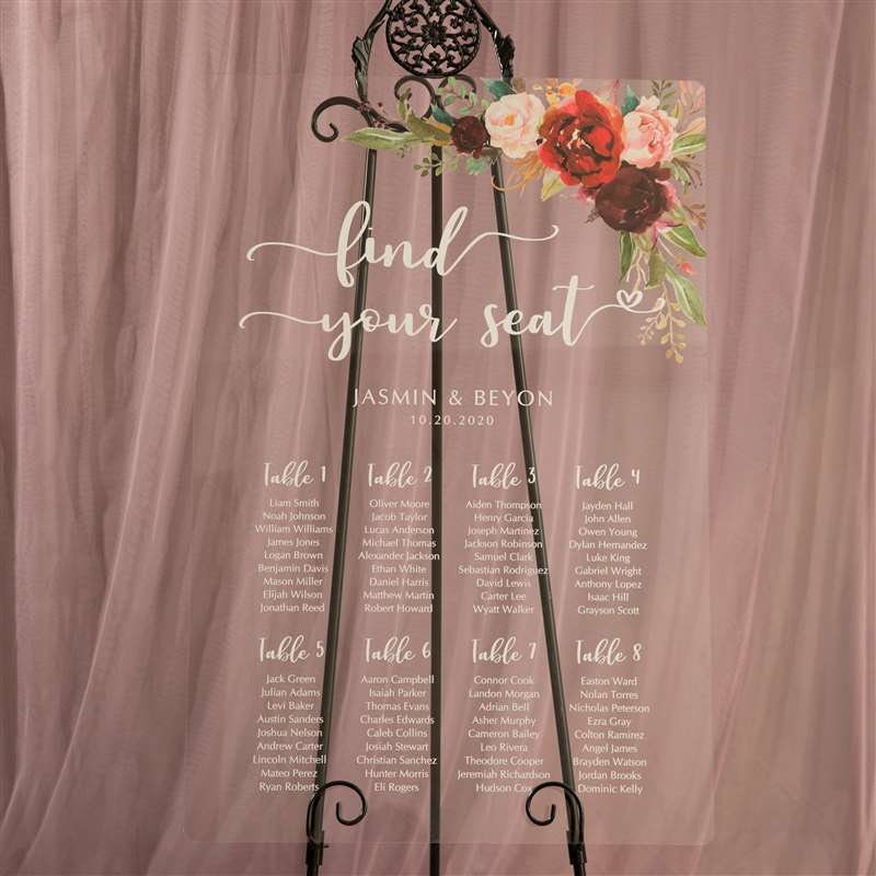 Burgundy Floral Acrylic Wedding Seating Plan Sign