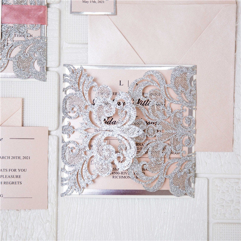 Silver Glitter & Pink Ribbon Lasercut Wedding Invitation with Silver Mirror Detailing