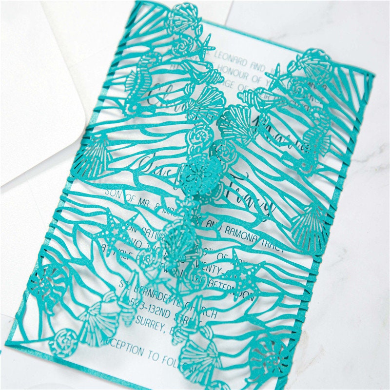 Beach Shell Laser Cut Wedding Invitation, Teal Shimmer