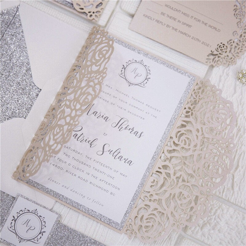 Blush & Silver Laser Cut Wedding Invitation, Glitter Belly Band