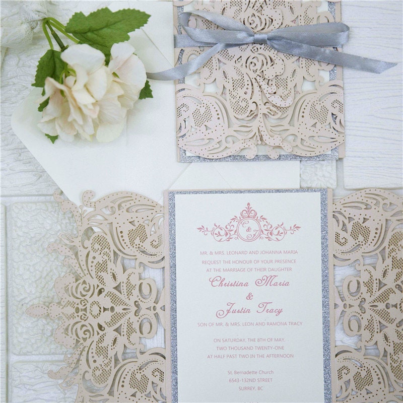 Laser Cut Blush Wedding Invitation with Silver Glitter