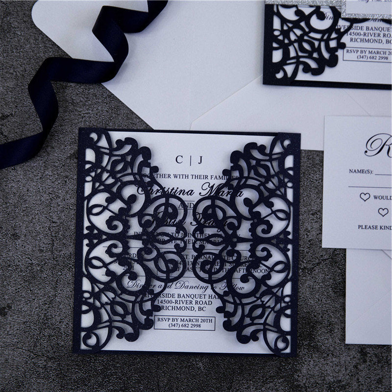 Navy Lasercut Gatefold Wedding Invitation with Silver Glitter Belly Band