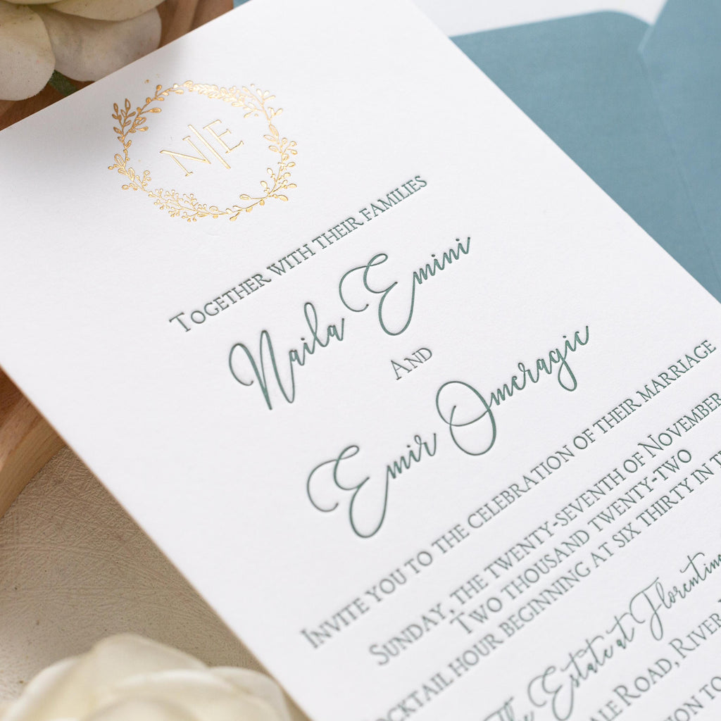Luxury Letterpress wedding invite with foiled emblem, vellum bellyband and blue envelope | Wedding Invitation