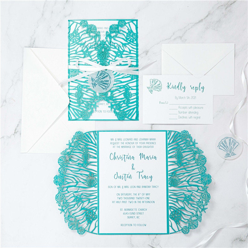 Beach Shell Laser Cut Wedding Invitation, Teal Shimmer