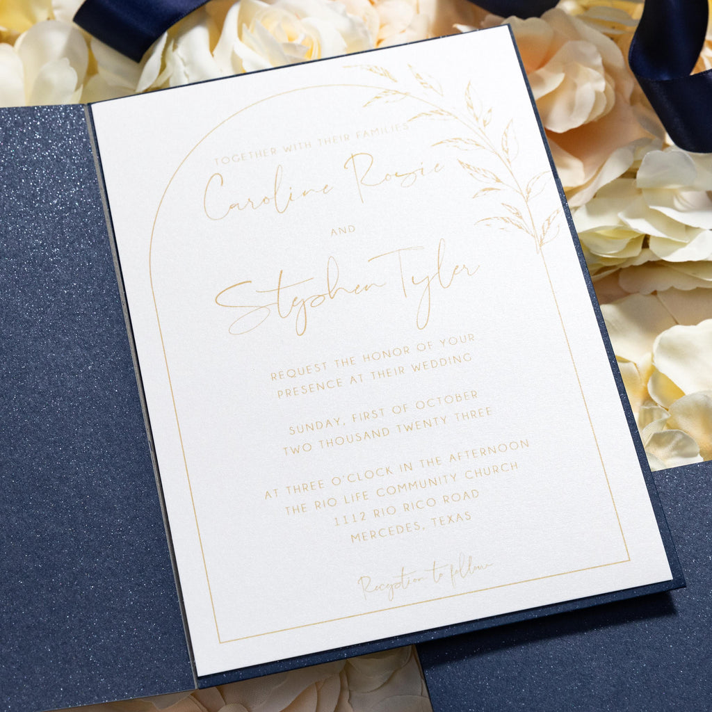 Pocketfold Wedding Invitation in Navy with pampas detailing & matching inserts