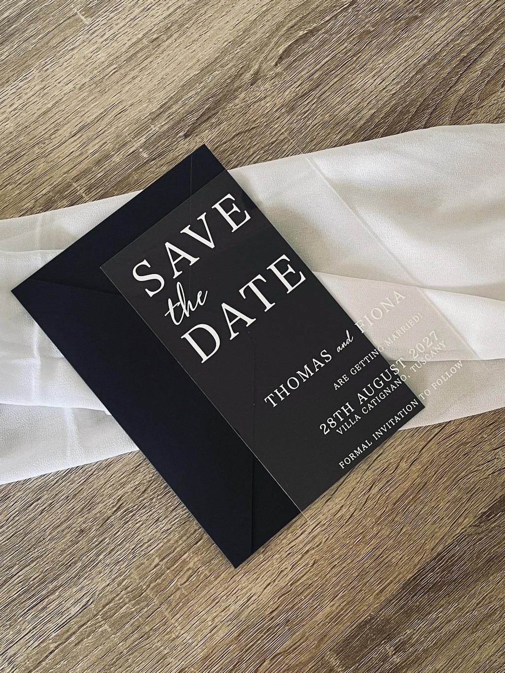 Clear Acrylic Save The Date | Black & White Modern Wedding