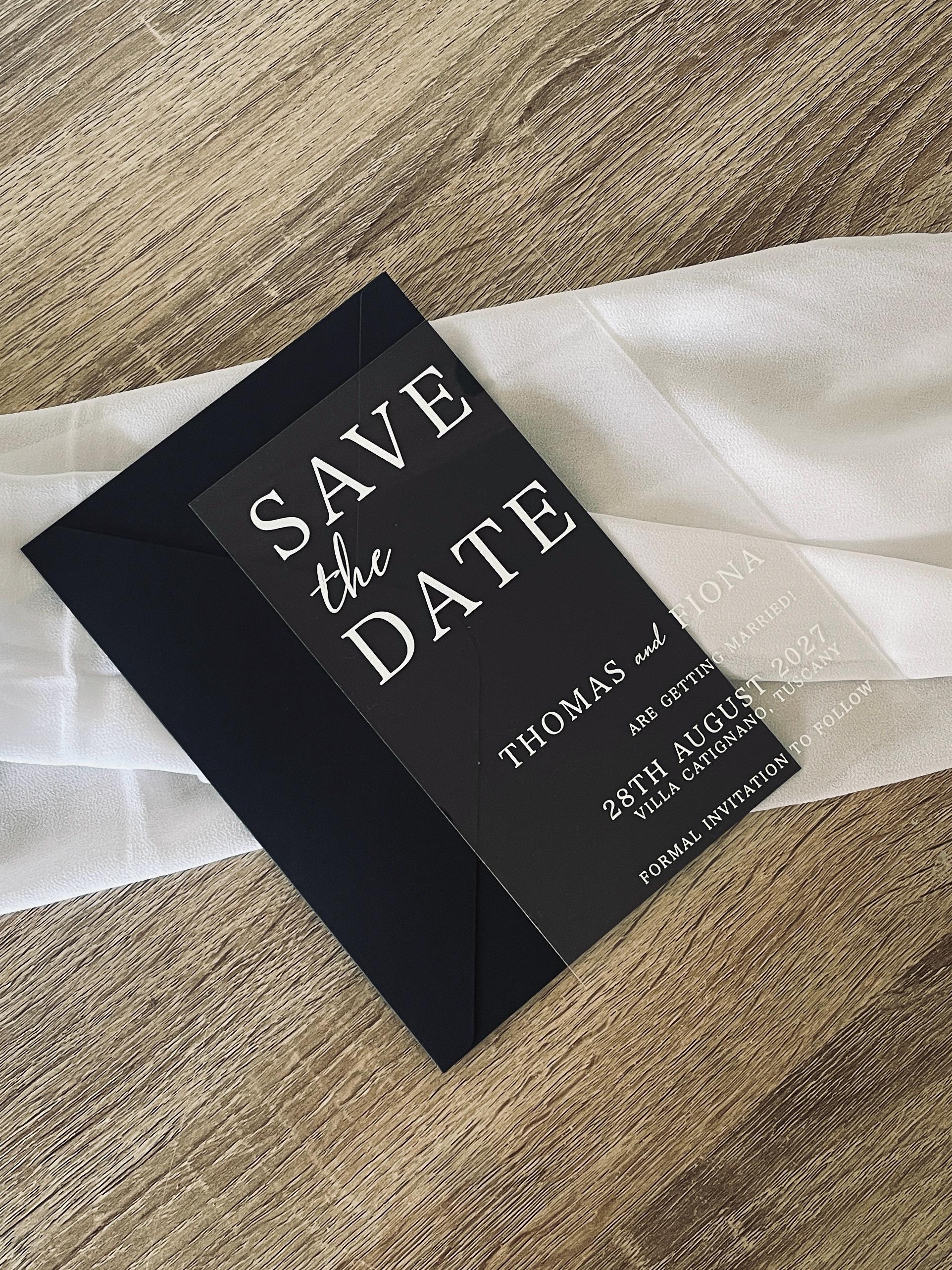 Clear Acrylic Save The Date | Black & White Modern Wedding