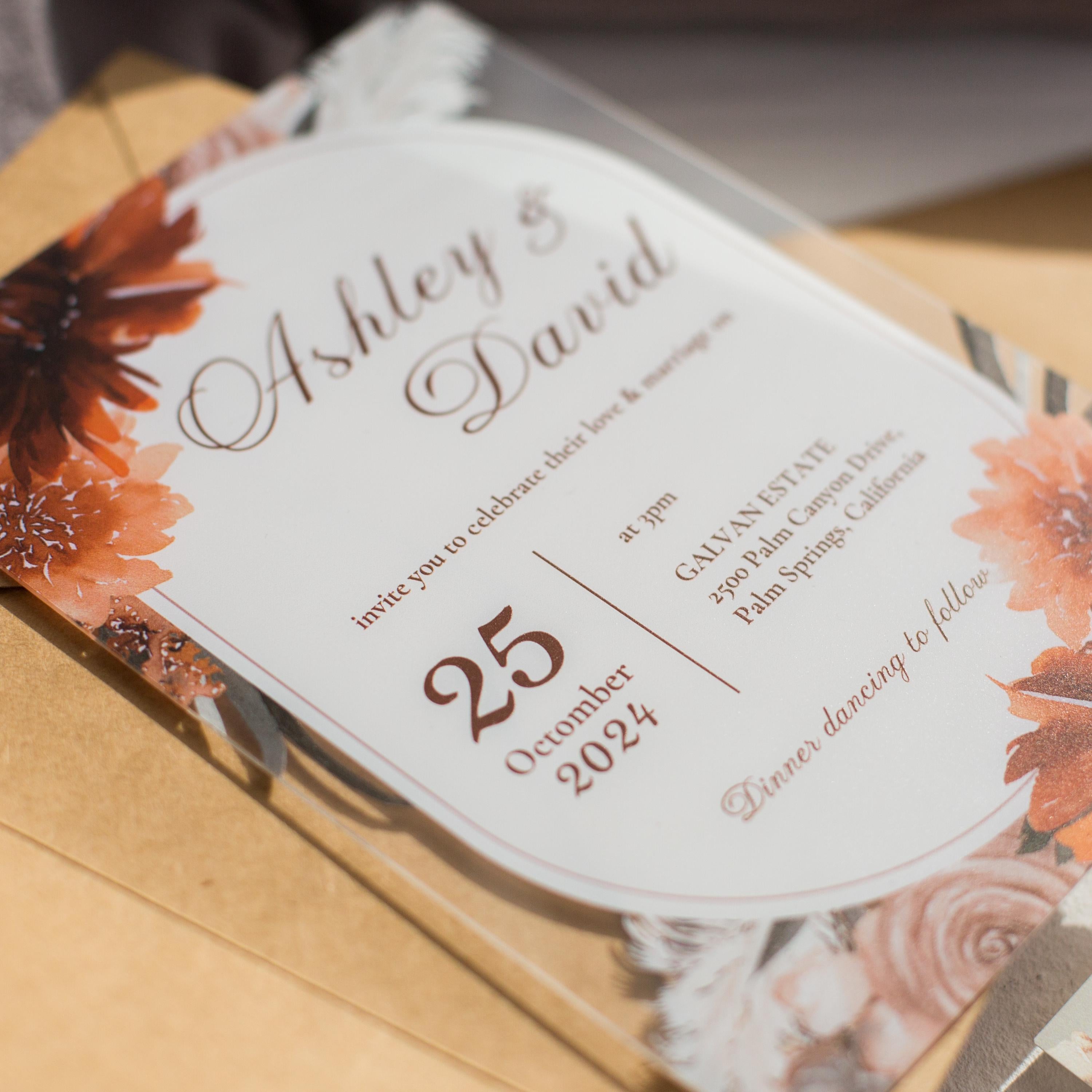 Burnt Orange Floral Acrylic Wedding Invitation | Autumn Theme