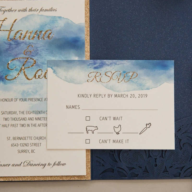 Navy Laser Cut Wedding Invitation, Watercolour & Gold Glitter