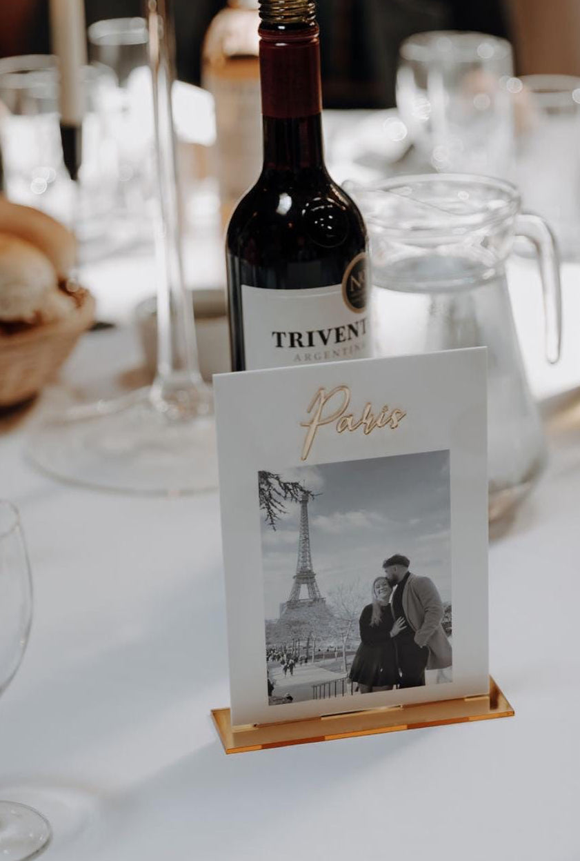 Location Photo Wedding Table Names with 3D Mirror Acrylic Detailing | Destination Table Names | Wedding Table Signs