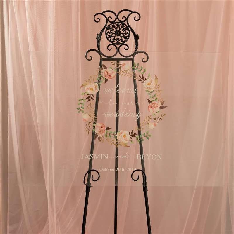 Floral Wreath Acrylic Wedding Welcome Sign, Personalized Calligraphy