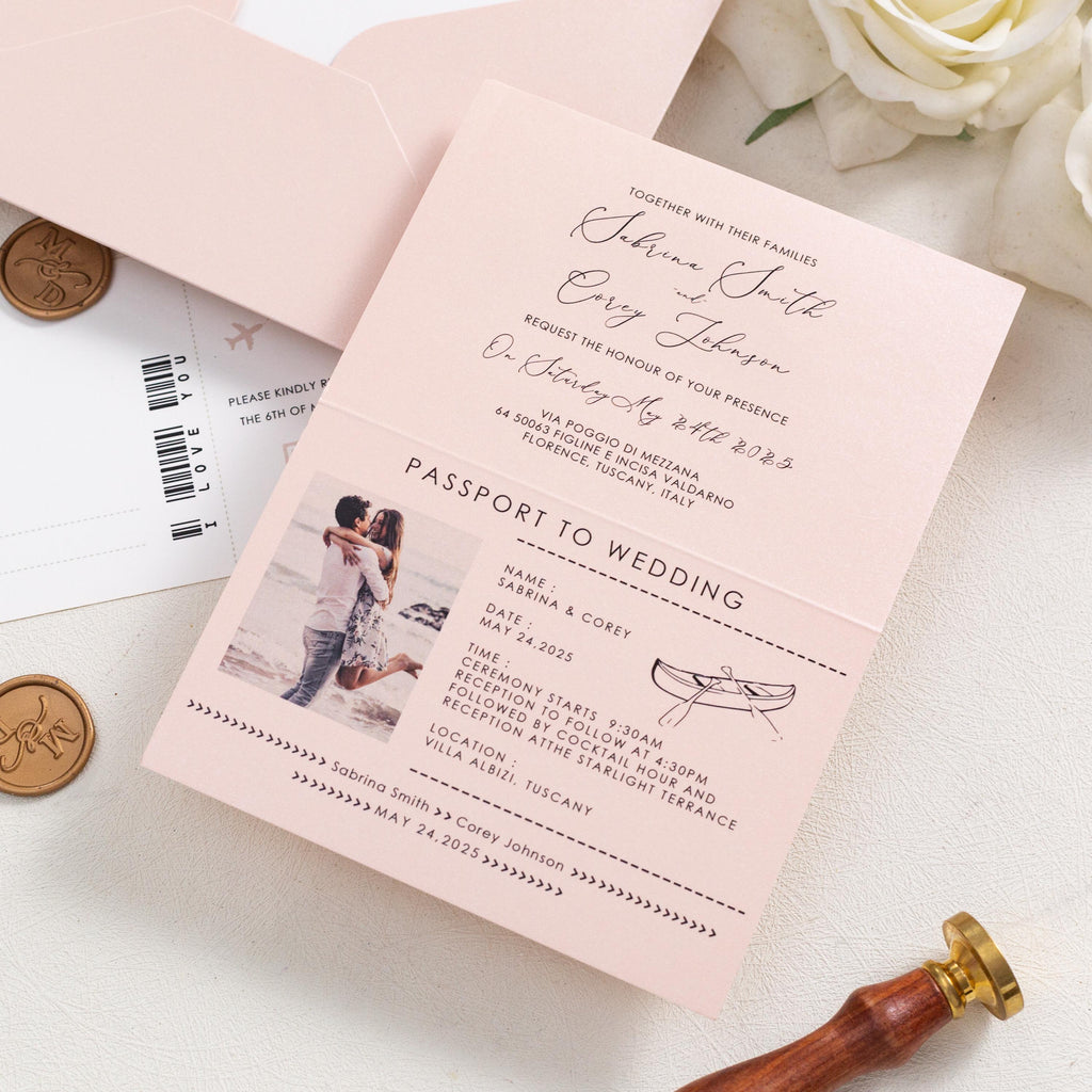 Destination Wedding Invitation: Passport with Gold Foil Airplane