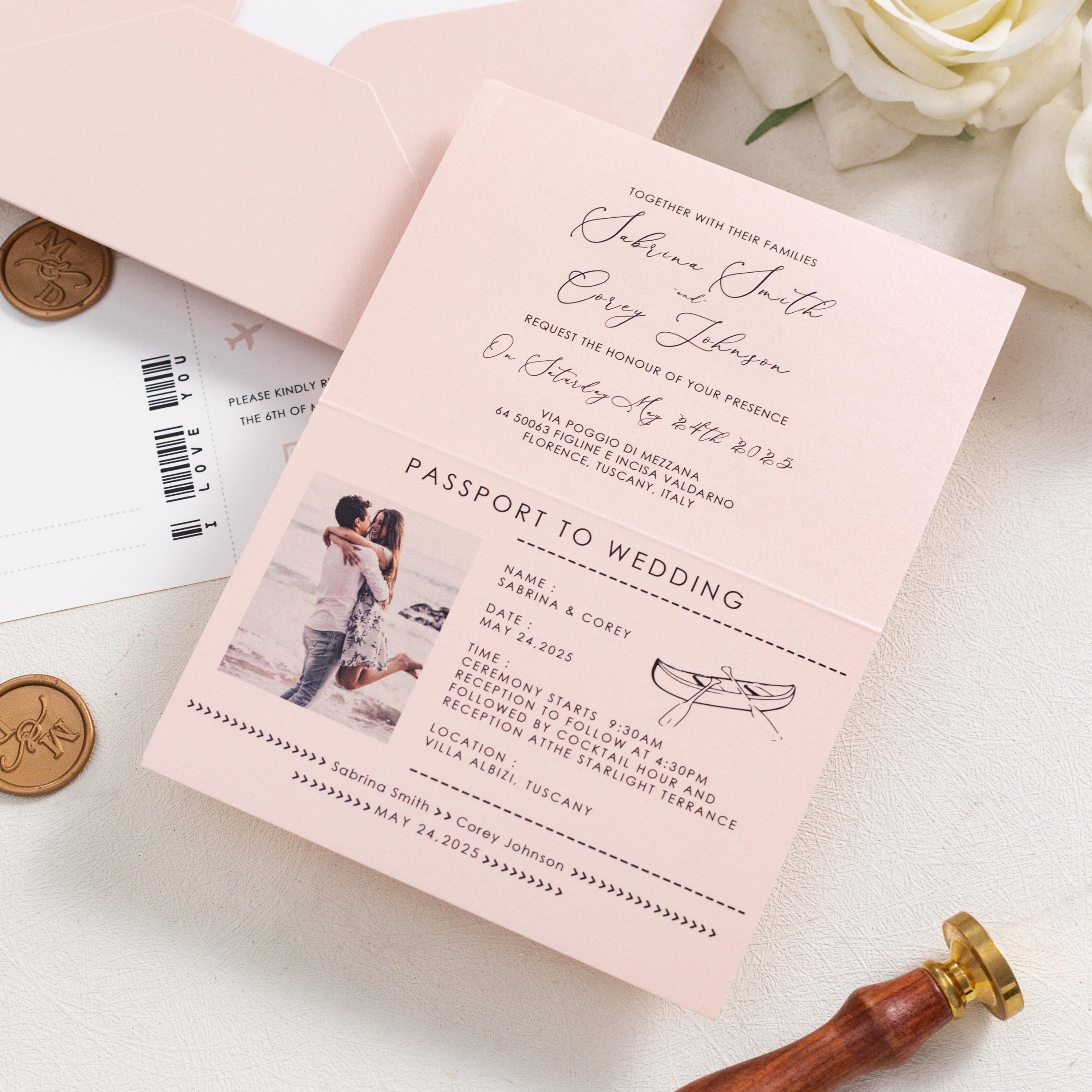 Destination Wedding Invitation: Passport with Gold Foil Airplane