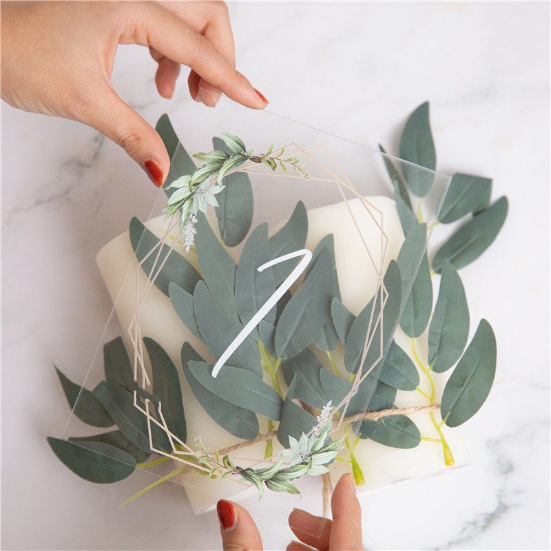 Geometric Eucalyptus Acrylic Wedding Table Number, Boho Foliage