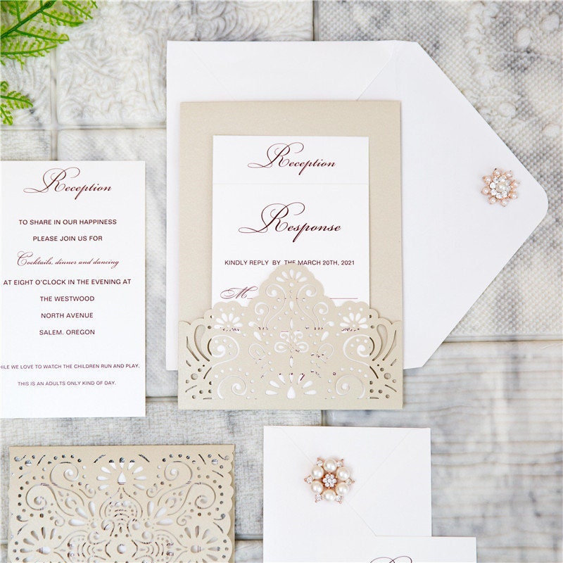 Champagne Gold Pocket Lasercut Wedding Invite / Wedding Invitation