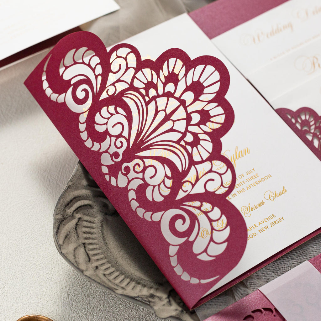 Elegant Burgundy Lasercut Pocketfold with Foil Detailing