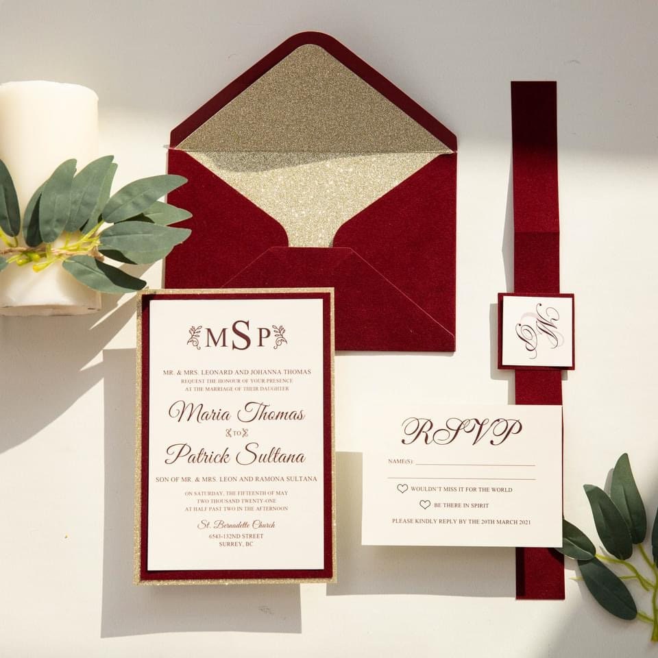 Christmas Red & Gold Glitter Velvet Wedding Invitation with Glitter Envelope Liner