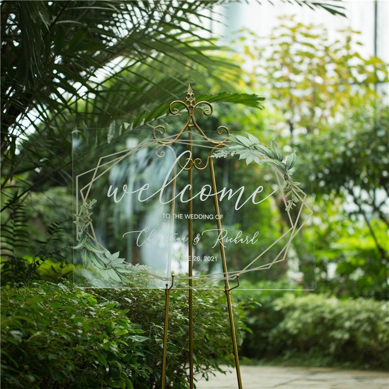 Geometric Foliage Calligraphy Acrylic Wedding Sign