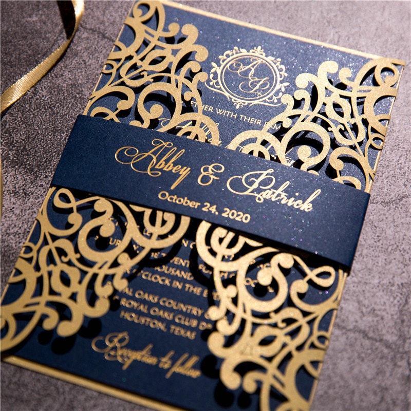 Gold Lasercut Wedding Invitation, Navy Bellyband & Gold Foiling