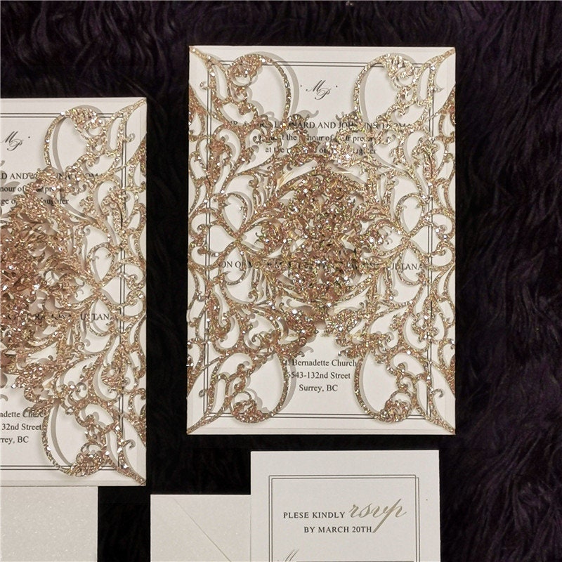 Rose Gold Glitter & White Delicate Lasercut Gatefold Wedding Invite