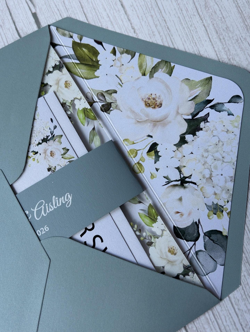 Elegant Acrylic Wedding Invitation: Dusty Blue Floral, Shimmer Envelope