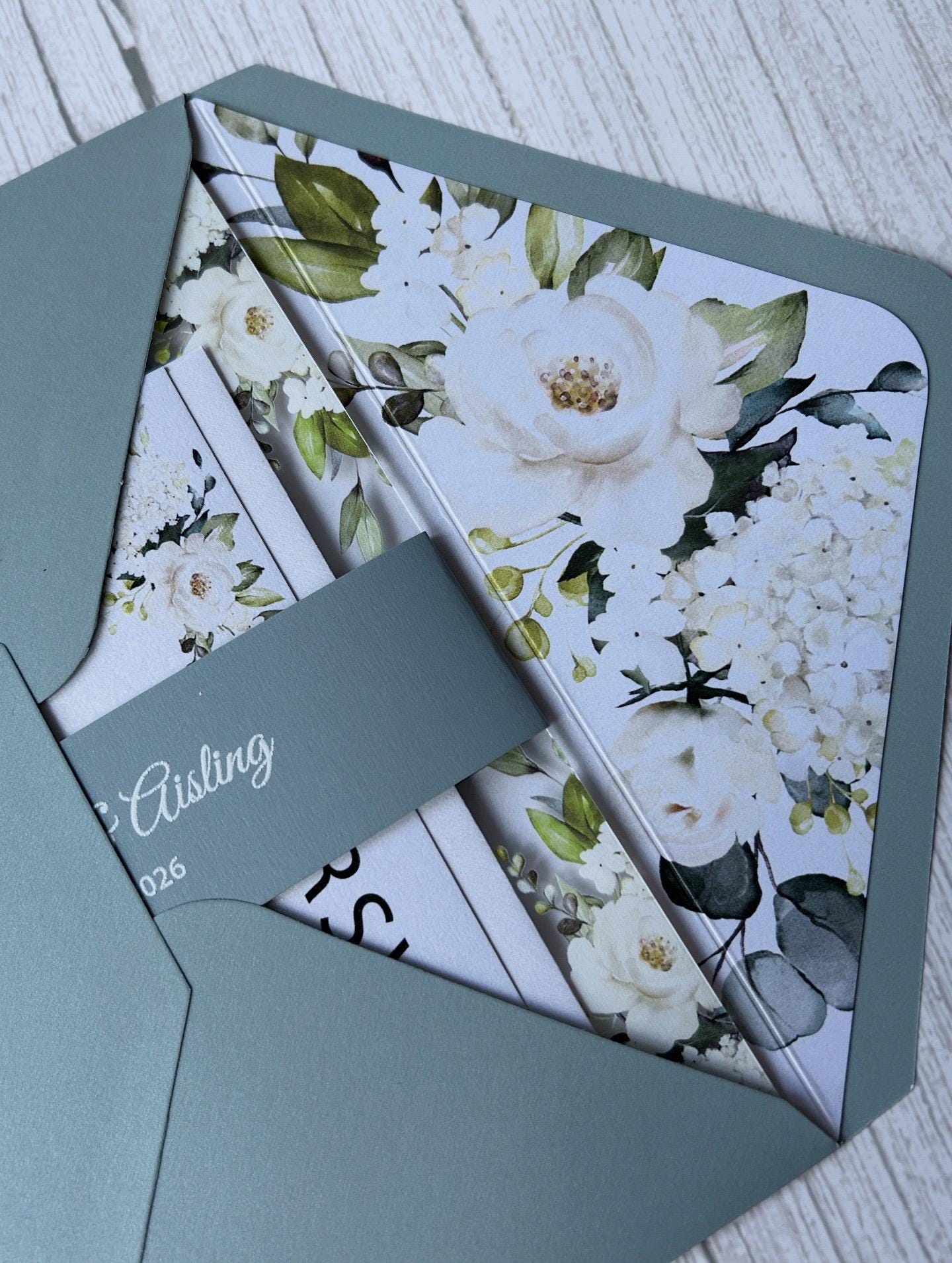 Elegant Acrylic Wedding Invitation: Dusty Blue Floral, Shimmer Envelope