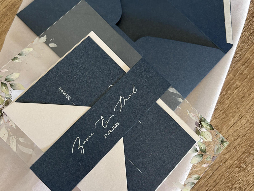 Navy & Clear Acrylic Wedding Invitation | Green Foliage, Elegant Suite