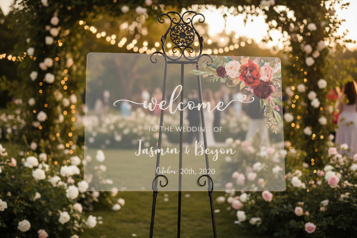 Burgundy Floral Acrylic Wedding Welcome Sign
