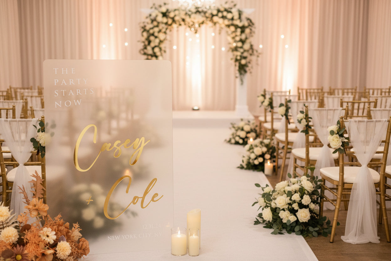 Personalized Frosted Acrylic Wedding Welcome Sign, Gold 3D Names
