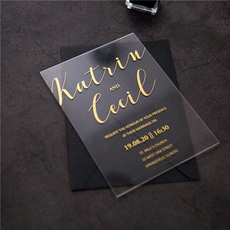 Acrylic Gold Wedding Invitation, Clear Perspex Invite