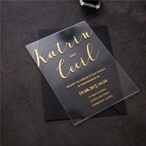 Acrylic Gold Wedding Invitation, Clear Perspex Invite