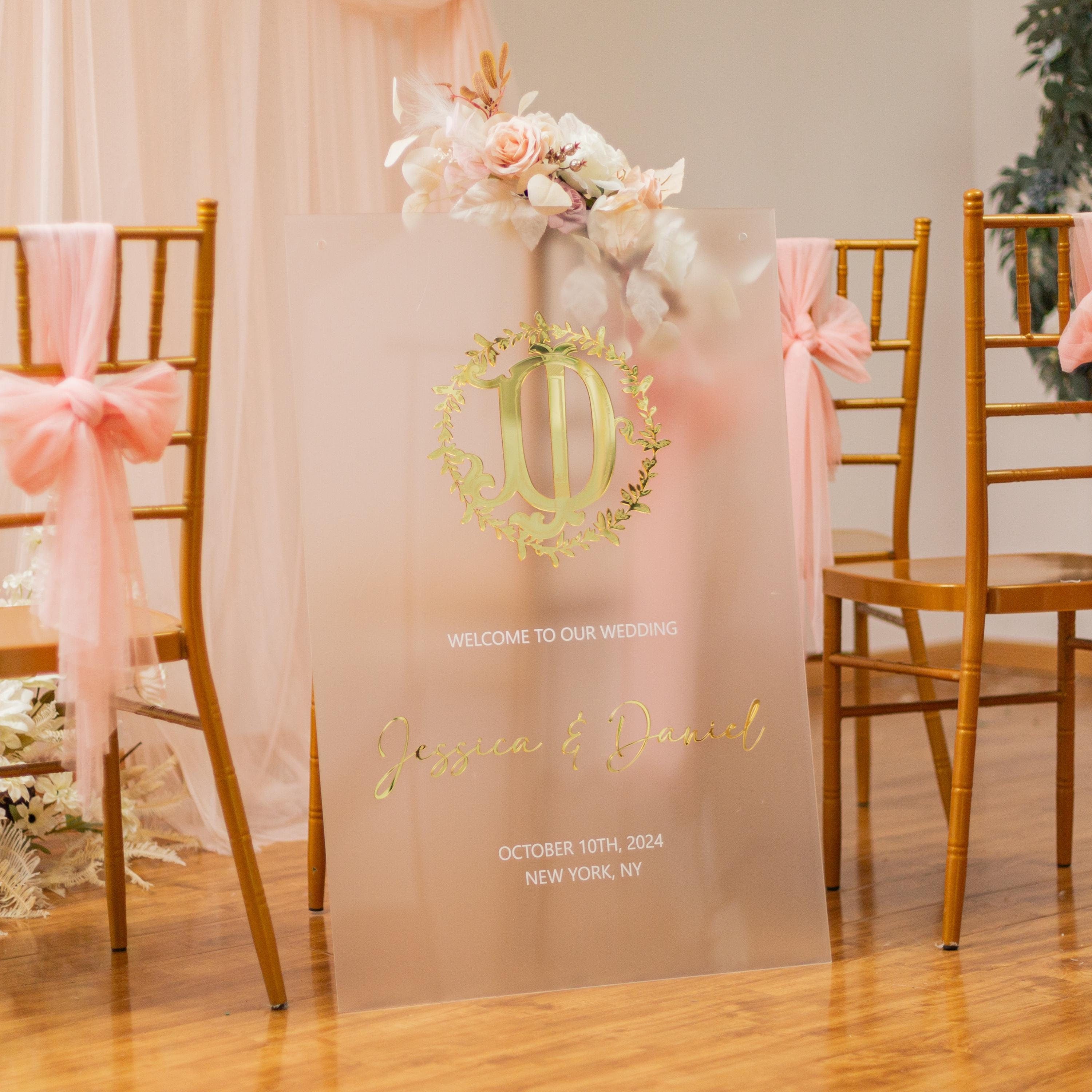 Frosted Acrylic Wedding Welcome Sign | Gold 3D Mirror Initial & Names